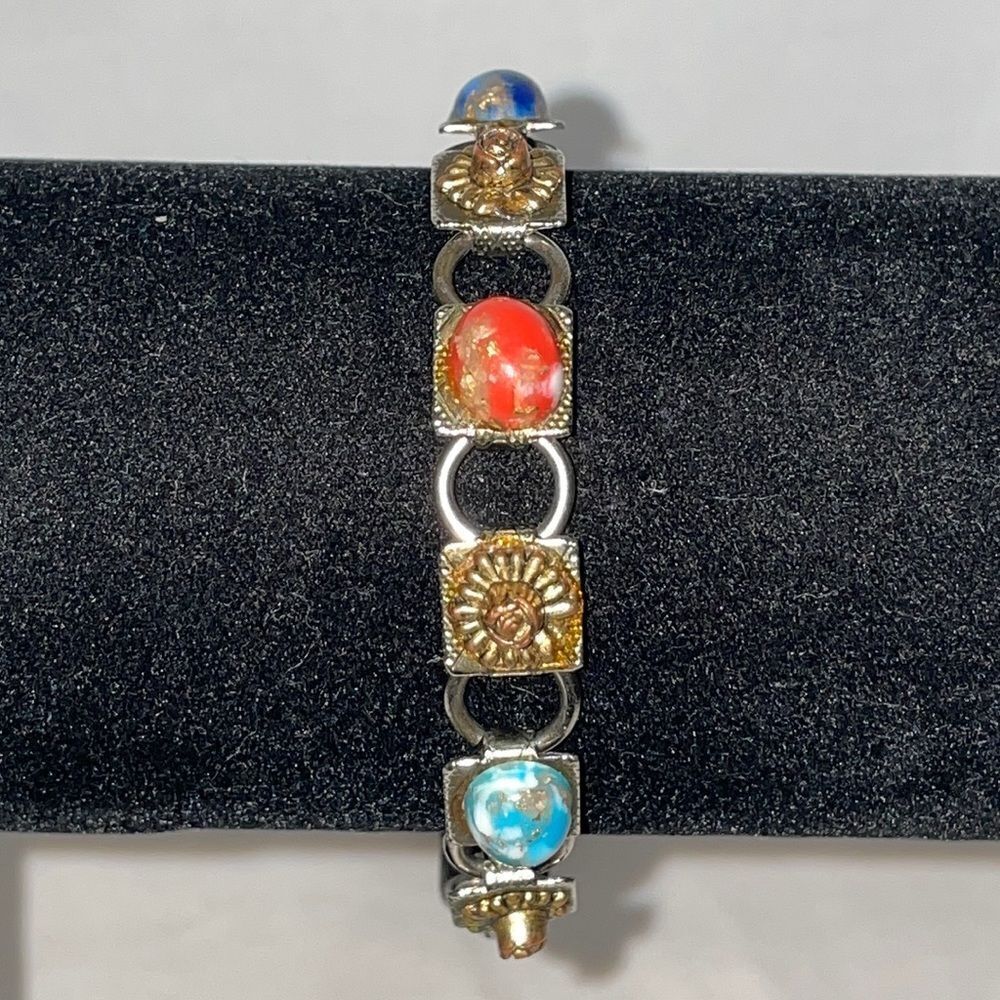 Metal Bracelet with Metal Emblems and Stone Gems